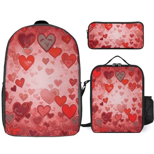 Love Heart Shape Backpack Set Lightweight Bag Lunch Box Pencil Bags for Women Men Bookbags 3 in 1
