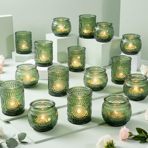 36 Pcs Green Candle Holders Bulk for Wedding Table Centerpieces - Assorted Glass Tea Light Holders for Vintage Wedding Table Centerpieces Bridal or Baby Shower Decoration