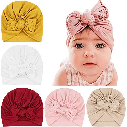 Image of DRESHOW BQUBO 5 Pieces Baby Turban Hats Turban Bun Knot Baby Infant Beanie Baby Girl Soft Cute Toddler Cap
