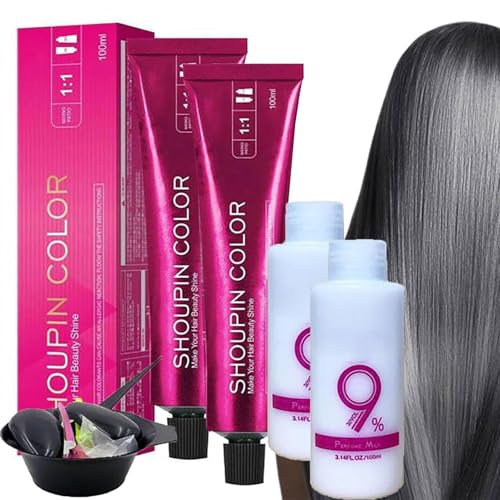 Hair Dye - Color Silver-Grey & Smoke Hair Color Cream Kit, Semi-Permanent, No Bleaching Silver-Grey&smoke Gray Hair Color Dye Kit (2 Pcs Set)
