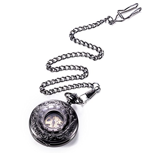 Image of TREEWETO Mens Skeleton Mechanical Pocket Watch, Retro Roman Numerals, Half Hunter, Bronze