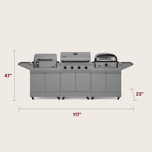 Miniatura 6 de TYTUS Anaheim - Parrilla de gas de 4 quemadores con dos carritos de preparación, ahumador de pellets y horno de pizza con tapa, paquete de cocina al