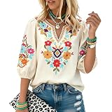 Higustar Women's Mexican Embroidered Tops Boho Fiesta Shirt Peasant Tunic Plus Size Traditional Bohemian...