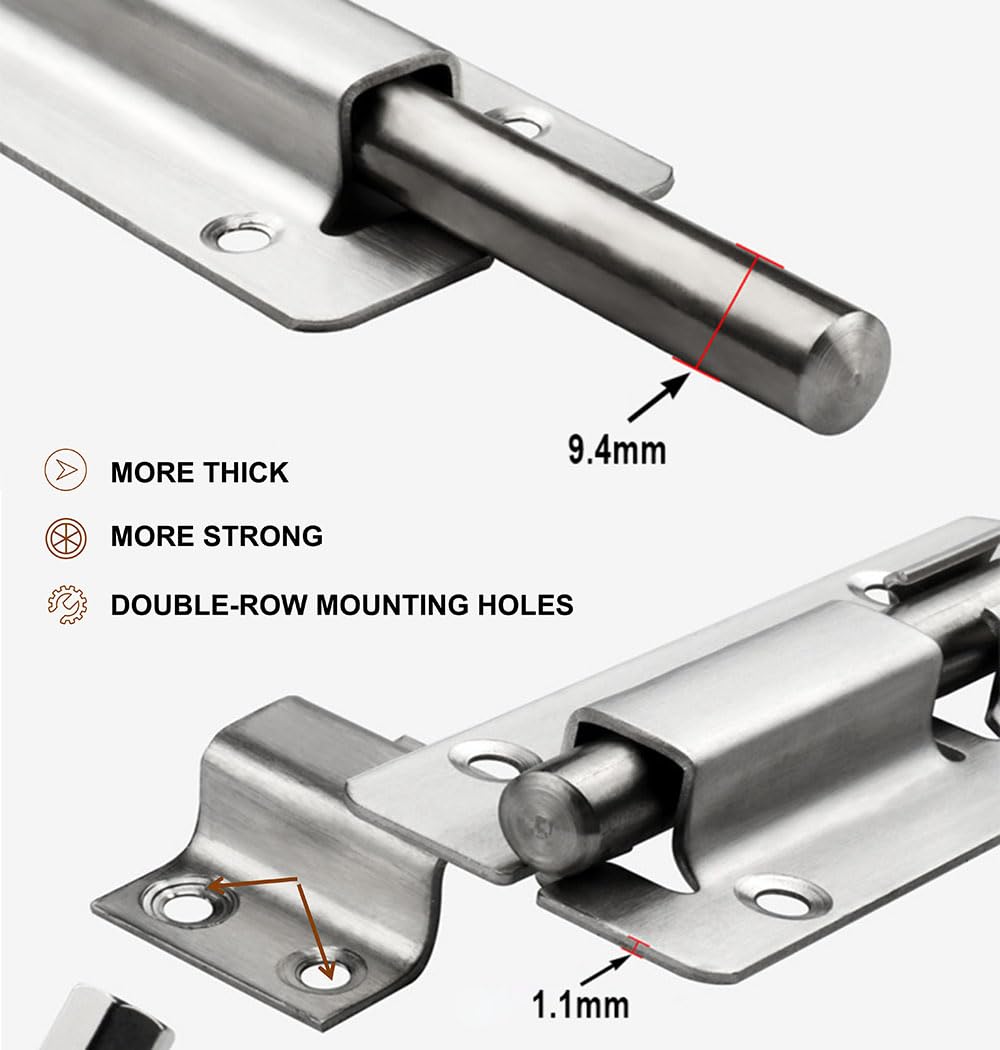 TOPYWMSP Door Lock Bolt,Stainless Steel Door Latch,4 Inch(100mm) Sliding Bolts Lock,2-Pack Door Bolt for Internal Door - Image 2