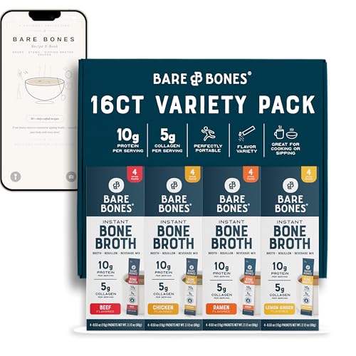Bare Bones Bone Broth Powder Packets Variety Pack | 5 g Collagen | 10 g Protein | Keto & Paleo Friendly | No Artificial Flavors | Non-GMO, Gluten-Free, Dairy-Free on-the-go 16 Pack + Recipe Guide