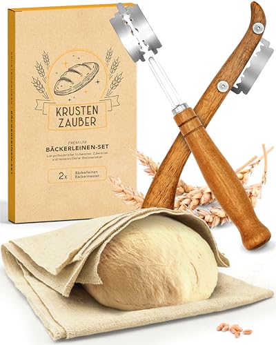KRUSTENZAUBER Bäckerleinen und Bäckermesser Set - 2X Leinentuch 75x45cm + 2X Teigmesser - Brot Backen Zubehör, Teigschneider, Brotmesser, Gärfolie, Teigtuch, Sauerteig Starter Set, Brotklinge