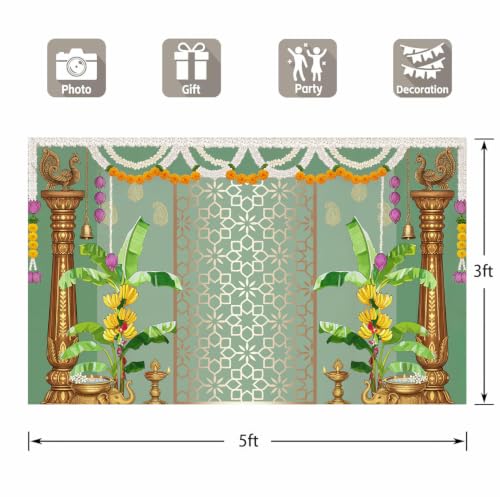 Image of India Pooja Backdrop Decorations, Traditional Banana Leaf Marigold Garland Photography Background for India Wedding, Haldi, Mehendi, Diwali, Housewarming, Festival Decoration Wall Decor Props 5X3FT