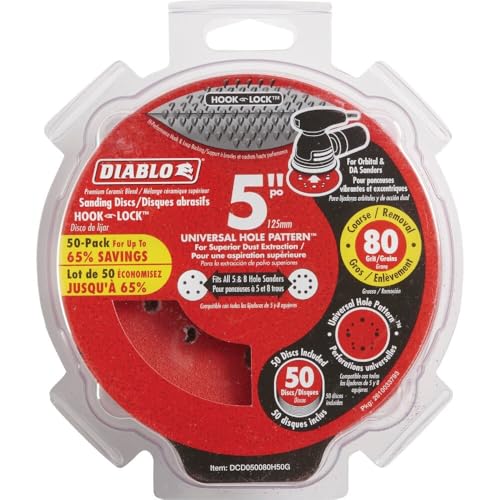 Diablo Hook and Lock ROS Sanding Discs for Wood, Metal and Plastics - 5", 80 Grit, Coarse, Ceramic Blend, 50-Pack - DCD050080H50G