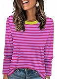 WIHOLL Long Sleeve T Shirt Women 2025 Pink Striped Tunics Plus Size Crewneck Long Sleeve Tops Blouses Fashion Clothing 90s Shirts Women XXL