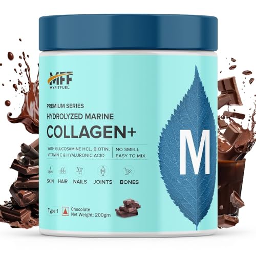 Image of MyFitFuel Hydrolyzed Beauty Marine Collagen Peptides (200gm, Chocolate) with Biotin, Hyaluronic Acid, Zinc, Vitamin C & Glucosamine | For Skin, Hair, Nails & Joints