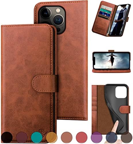 DuckSky for iPhone 14 Pro 6.1"Genuine Leather Wallet case 【RFID Blocking】【4 Credit Card Holder】【Real Leather】Flip Folio Book Phone case Protective Cover Women Men for Apple 14Pro 5G case Light Brown