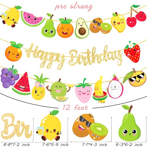 Image of Fruit Theme Birthday Banners Tutti Frutti Party Gold Happy Birthday Banners Summer Fruit Hanging Decoration for Watermelon Strawberry Theme Birthday Party Supplies