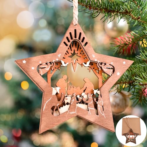 Ushinemi Nativity Scene Hanging Ornament, Wooden Star Jesus Christmas Tree Decoration, Brown, Traditional Religious Rustic, Perfect for Christmas