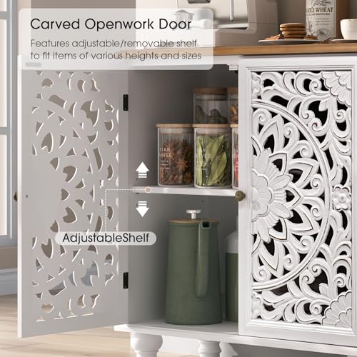 Image of Accent Cabinet with Doors, Decorative Storage Cabinet with Adjustable Shelf, Carved Sideboard Buffet with Solid Wood Legs for Living Room, Entryway, Kitchen, Hallway, White