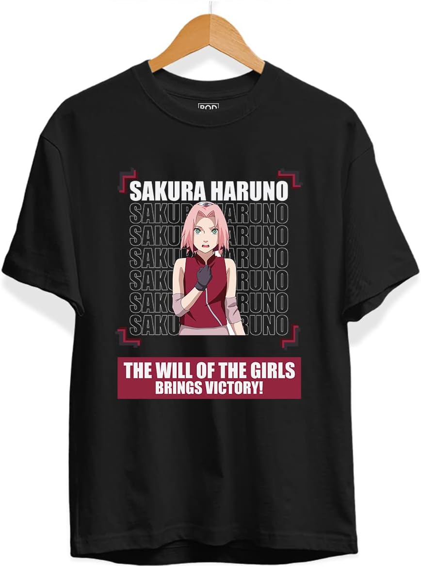 POD STUDIO Sakura Haruno Anime Unisex Tshirt | Graphic Printed Anime Round Neck Regular Fit Half Sleeve Black Tshirt | Anime T Shirt Girls | T Shirts for Anime Lovers