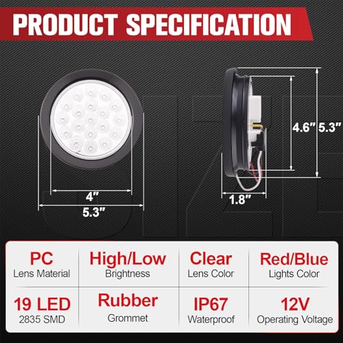 Image of 2PCS 4 Inch 19LED Red+Blue Round Led Trailer Tail Lights,Brake Stop Turn Signal Light w /Grommets,12V,IP67 Waterproof,3-Prong Wire Pigtails