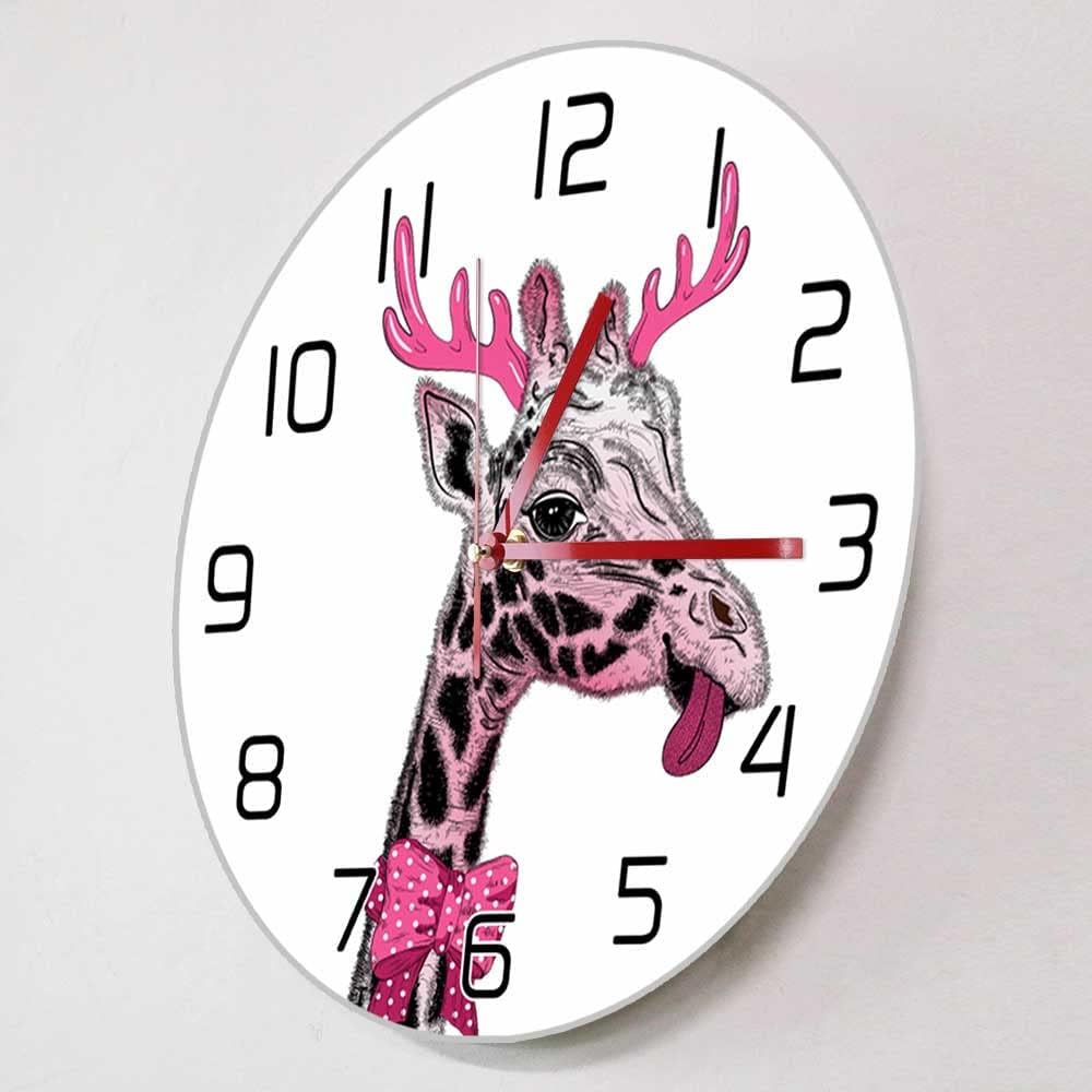 Geek Alerts Cute Pink Giraffe with Horns Exclusive Wall Clock Battery Operated Silent Non Ticking Watch for Girls Room Safari Baby Animal Nursery Decor