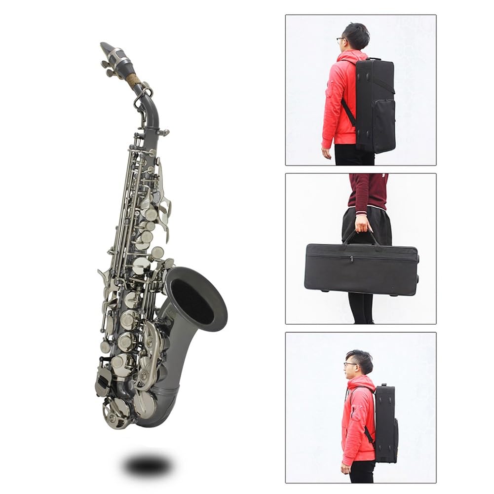 Sassofono soprano curvo in Si bemolle con custodia for il trasporto, bocchino, cuscinetti, ancia, kit di pulizia, tracolla, guanti bianchi, sax in Si bemolle for studenti principianti e musicisti inte