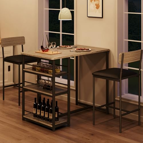 GarveeHome Dining Table Set for 2, Counter Height Kitchen Table with 2 Upholstered Bar Stools, Dining Table and Chairs Set with Storage Shelves, for Small Space, Apartment, Studio, Retro Gray