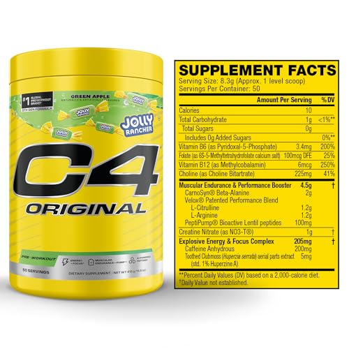 Image of C4 Original Pre Workout - Jolly Rancher Green Apple - Pre-Workout for Endurance, Focus & Performance with 200mg Caffeine, Beta-Alanine, Creatine Nitrate, L-Arginine & PeptiPump - 50 Servings