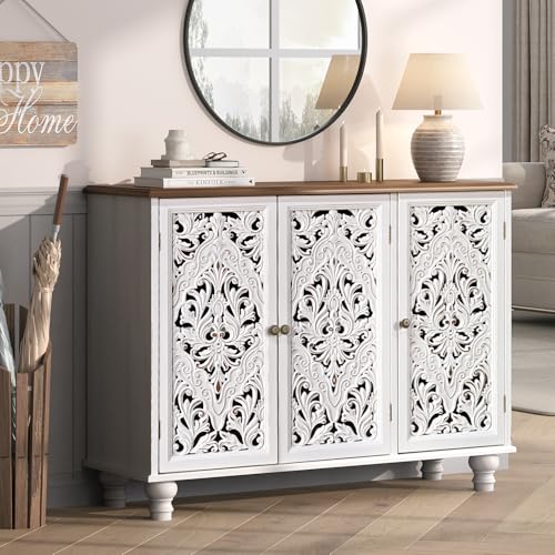 Image of Accent Cabinet with 3 Doors, Decorative Storage Cabinet with Adjustable Shelf, Carved Sideboard Buffet with Solid Wood Legs for Living Room, Entryway, Kitchen, Hallway, White