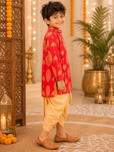 Image of superminis Boy's Golden Foil Printed Side Open Cotton Kurta, Round Collar, Full Sleeves Ethnic Wear Dhoti Kurta Set