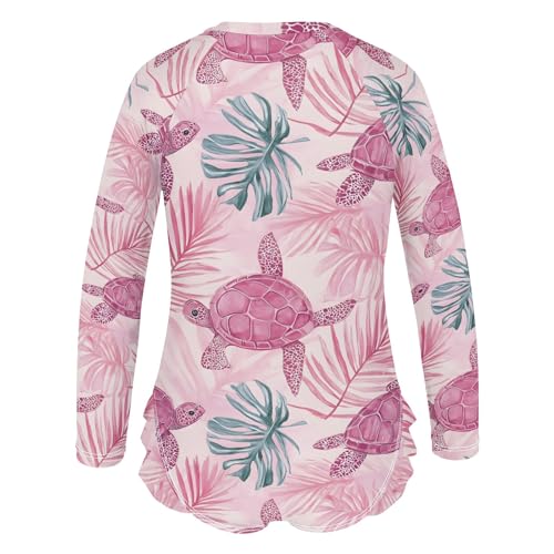 Pink Turtle Leaves Pattern Girls Long Sleeve Swimsuit Rash Guard One Piece Bathing Suits Zipper 3-12T3
