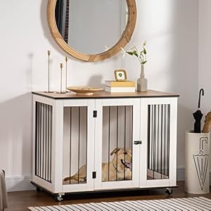 PawHut Large Dog Crate Furniture on Wheels, Dog Crate End Table Indoor with Lockable Door for Large Dogs, 42" W x 23.5" D x 32" H, White PawHut Large Dog Crate Furniture on Wheels Dog Crate End Table Indoor with Lockable Door for Large Dogs 42 W x 235 D x 32 H White