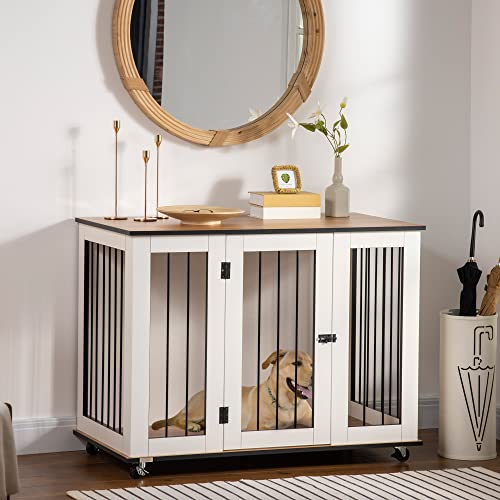 PawHut-Large-Dog-Crate-Furniture-on-Wheels-Dog-Crate-End-Table-Indoor-with-Lockable-Door-for-Large-Dogs-42-W-x-235-D-x-32-H-White PawHut Large Dog Crate Furniture on Wheels Dog Crate End Table Indoor with Lockable Door for Large Dogs 42 W x 235 D x 32 H White
