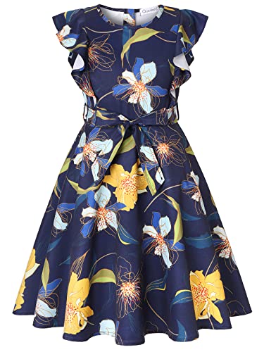 Quedoris Girls Ruffle Trim Sleeveless Belted Dress With Zipper Navy Floral 130Y #TOP1