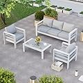 VONZOY Aluminum Patio Furniture,Outdoor Metal Sectional Sofa with Table and Waterproof Covers,White Modern Patio Furniture Set for Garden Backyard (6-Piece)