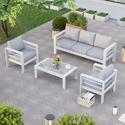 VONZOY Aluminum Patio Furniture,Outdoor Metal Sectional Sofa with Table and Waterproof Covers,White Modern Patio Furniture Set for Garden Backyard (6-Piece)