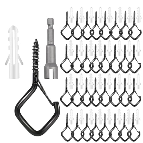 32-Pack-Heavy-Duty-Black-Screw-Eye-Hooks-with-Safety-Clips-Metal-Ceiling-Hooks-for-Hanging-Plants-Wind-Chimes-Bird-Feeders-IndoorOutdoor-Lights