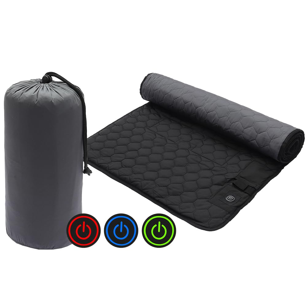 Pongnas Estera Calefactora USB, Almohadilla para Dormir con Calentamiento de 7 Zonas, Estera de Camping con Temperatura Ajustable y Bolsa de Almacenamiento para Uso en Interiores y (BLACK)