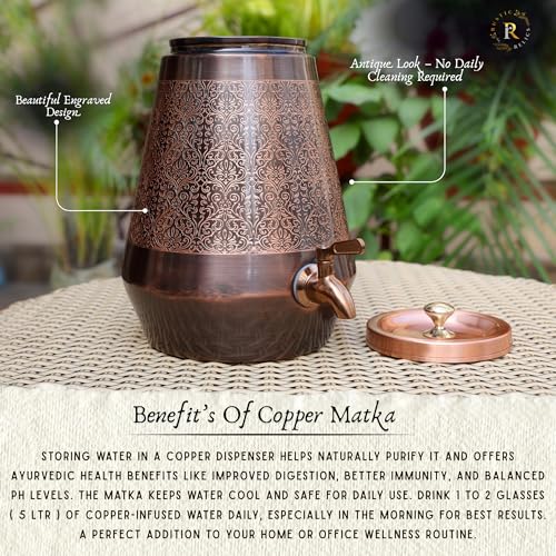Image of Antique Copper Water Matka - 8L | with Eye Catching Embosed Engraving Design | Copper Water Storage Dispenser with Ayurvedic Health Beneifts | for Home and Offices Purpose