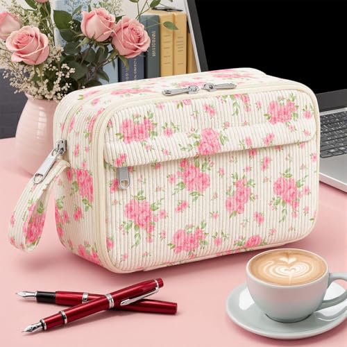 Image of WOBAGMEN Cute Pencil Case,Large Corduroy Zippered Pencil Case Pouch, aesthetic Pencil Bag with Compartments, Pencil Pouch School Supplies (Big Pink Floral)
