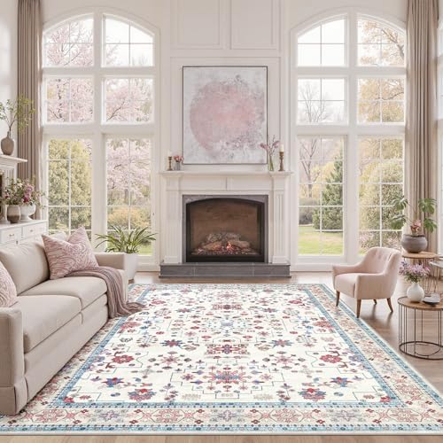 DCX Floral Area Rugs 9x12 Living Room, Soft Anti-Skid Machine Washable Pink Area Rugs Stain Resistant Neutral Boho Carpet for Bedroom Large Low Pile Lightweight Room Rug