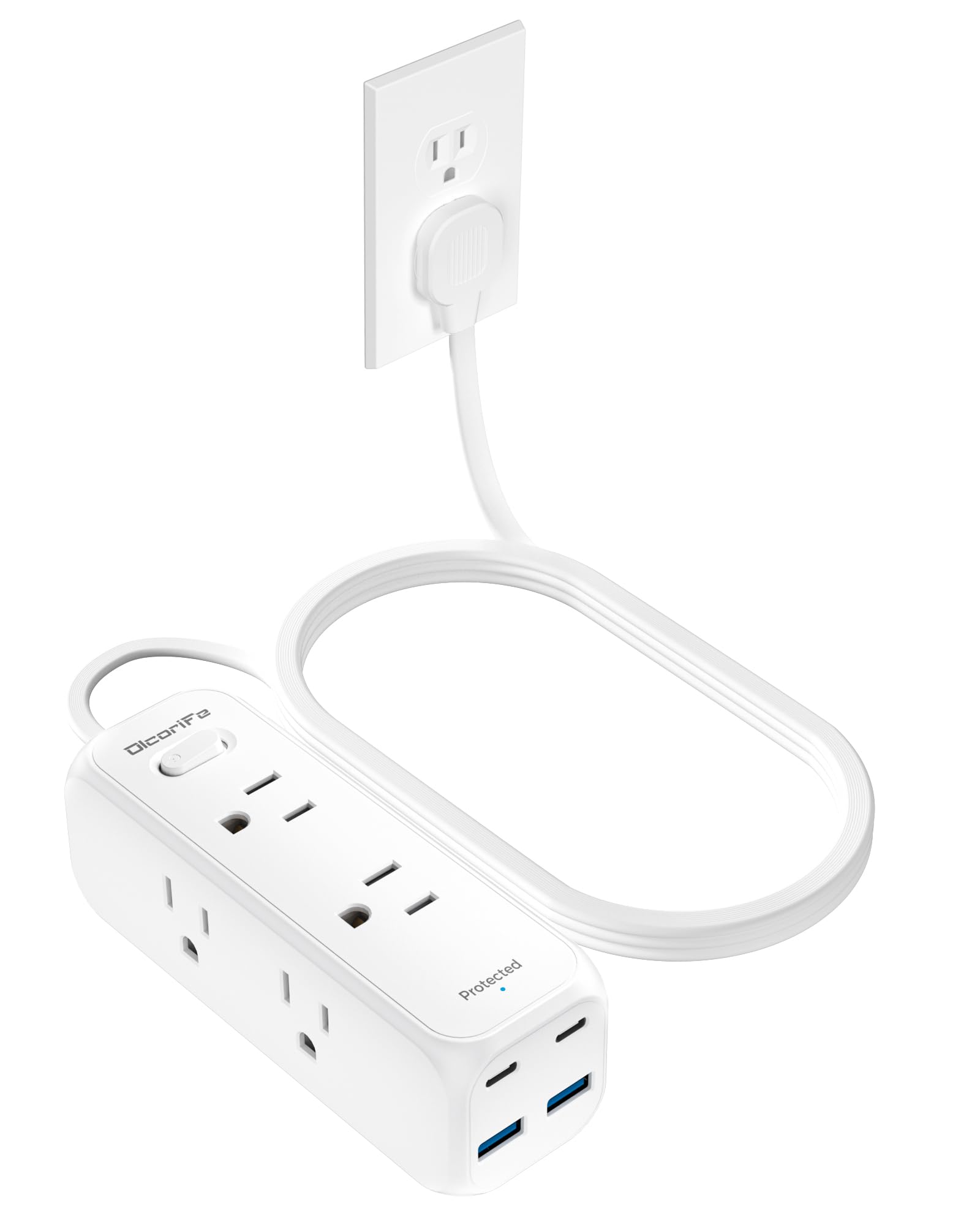 Short Extension Cord 1ft - Olcorife Flat Plug Power Strip with 6 Outlets 3 USB Ports(1 USB C), Small Outlet Extender for Travel Dorm Room Essentials, White — view 9