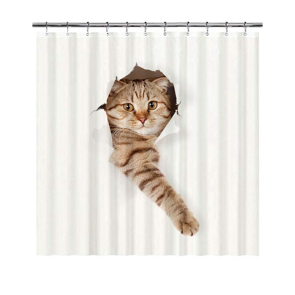 BAGEYOU Funny Dog Selfie Shower Curtain Cat In White Wallpaper Hole Waterproof Polyester Fabric Bathroom Curtain 66 X 72 Inch, with 12 Hooks