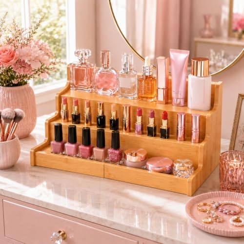 Image of Curated Cart Spice Rack Organizer for Kitchen, Wooden 3 Tier Expandable Rack, Adjustable Step Shelf for Countertop & Cabinets, Multi-Purpose Stand for Pantry & Cupboard (3 Tier Spice Rack - Expandable)