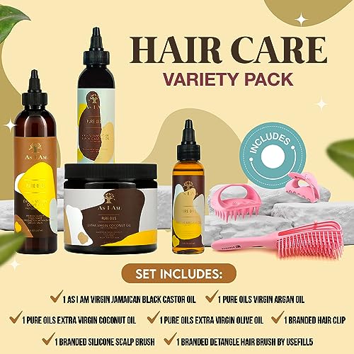 Jamaican-Black-Castor-Argan-for-Hair-Virgin-Coconut-Olive-for-Hair-Products-Cold-Pressed-4-Bundle-Includes-As-I-Am-Pure-with-Brushes-and-Hair-Claw-Clip