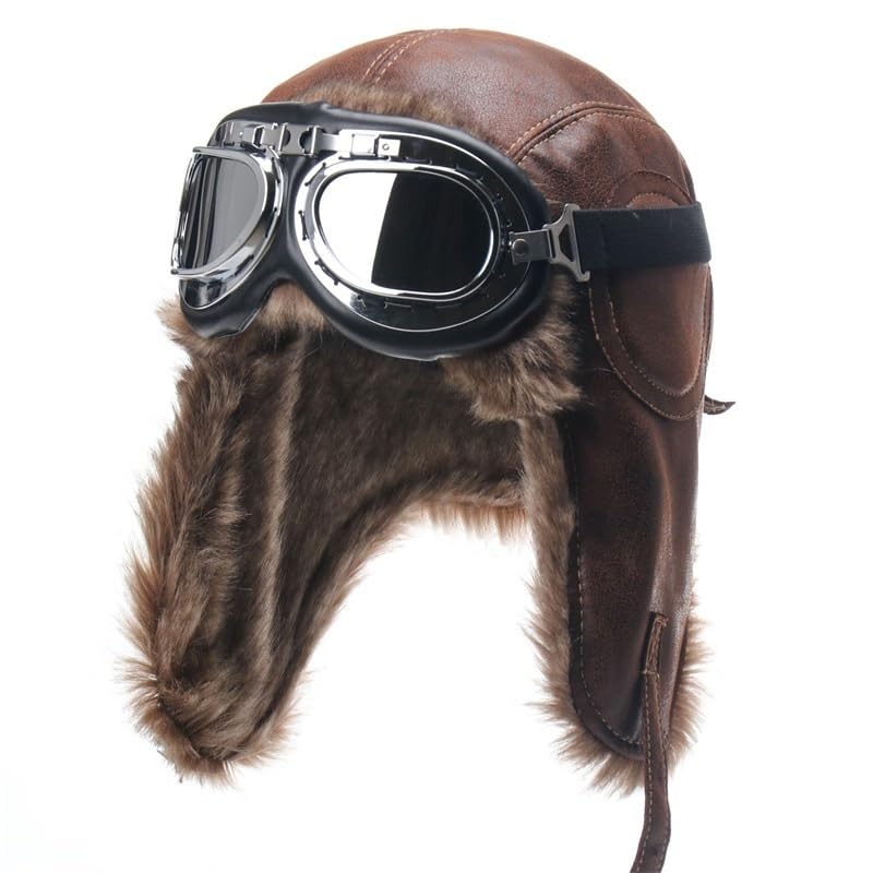Cappello Invernale Cappello bomber invernale da uomo con occhiali da moto all'aperto, antivento, caldo, in pelliccia sintetica, cappello con paraorecchie, in pelle termica ( Color : Black , Size : One