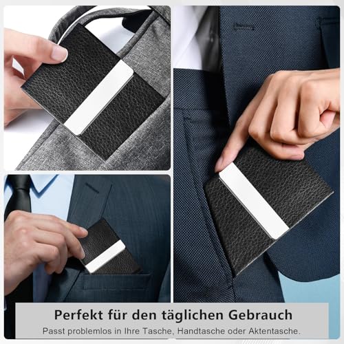 BABAWOWO Visitenkartenetui – Schlankes Visitenkartenetui aus PU-Leder und Edelstahl, Magnetverschluss, fasst 15–25 Karten Männer und Frauen (Schwarzes Leder)