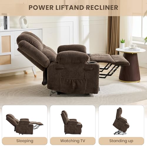 Image of Oversized Power Lift Recliner Chair for Elderly, 135 Lay Flat Electric Recliner with Massage & Heat, Stand Assist Lift Chair with 2 Cup Holders for Living Room,Brown