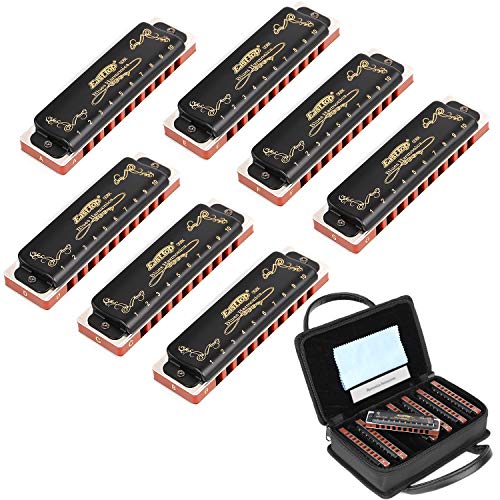 Harmonica Set Harmonica 7 Keys 10 Hole 20 Tone Professional Blues Harp Key of A B C D E F G for Professional Player,Beginner,Students,Children,Kids Gift(East Top)- Black