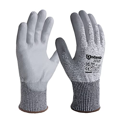 ANDANDA Gants Anti-Coupures de Niveau 5, Gris, 1 Paire, Enduit de PU, Revêtement Antidérapant, Gants de Travail, Excellente Adhérence, Ideal pour l'Assemblage, l'Usinage, L Cover