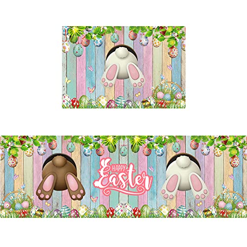 Vayneiojoy Easter Decorative Kitchen Mats Cushioned Anti-Fatigue Rugs Set Of 2, Cartoon Funny Rabbit Bunny Eggs Decor, Seasonal Spring Easter Waterproof Non Slip Heavy Duty Pvc Rug Floor Doormat #TOP2