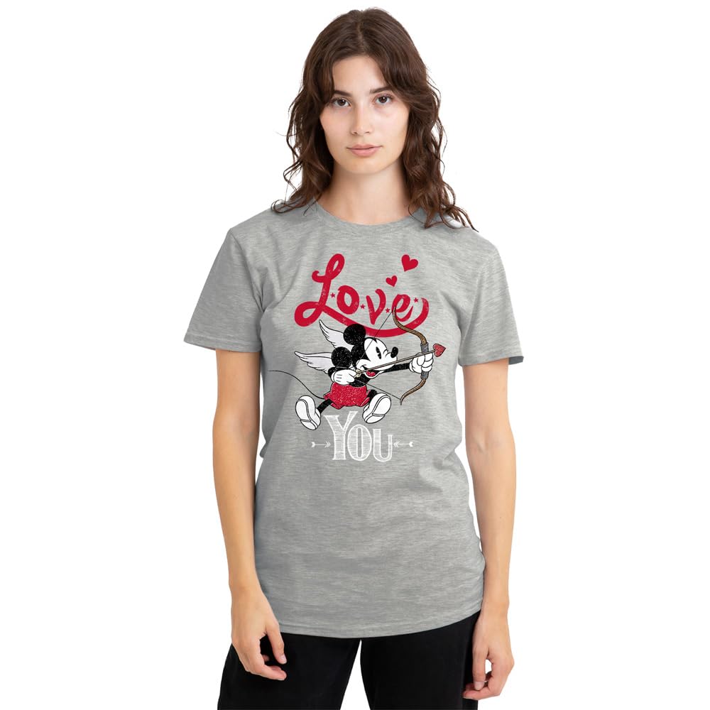 Mickey Mouse Cupid Love You Valentine's Day Ladies T Shirt, Athletic Heather, Small