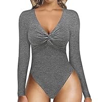 MANGOPOP Women’s Deep V Neck Twist Knot Front Slim Fit Long Sleeve Shirt Tops Bodysuit Jumpsuit (A2 Dark Heather Grey, X-Large)