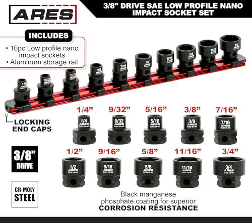 Image of ARES 29019 10-Pc 3 /8in SAE Nano Sockets, Low Profile, w /Rail | Impact grade sockets offer greater clearance than typical shallow sockets